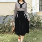 Set: Long-sleeve Houndstooth Top + Midi A-line Velvet Skirt