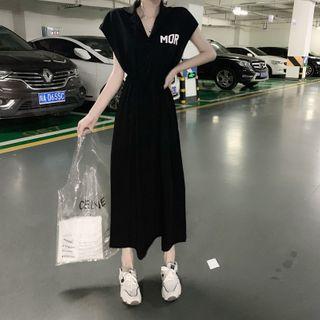 Lettering Cap-sleeve Midi T-shirt Dress