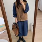 Puff-sleeve Midi A-line Dress / Button-up Vest