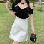 Short-sleeve Off-shoulder Two-tone Mini A-line Dress