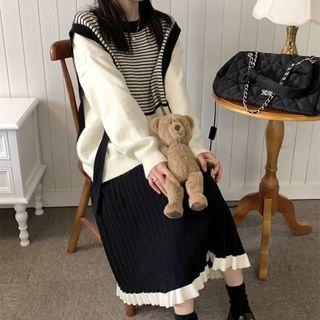 Striped Sweater / Accordion Pleated Midi A-line Skirt