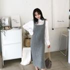 Set: Frill-trim Blouse + Slit-hem Pinafore Knit Dress