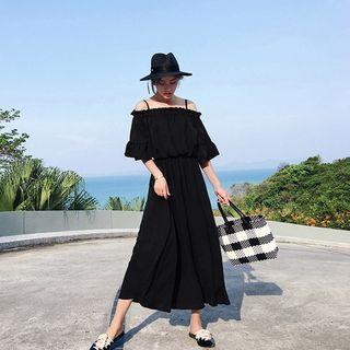 Elbow-sleeve Cold Shoulder Midi Dress