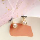 Bow Faux Pearl Dangle Earring 1 Pair - S925 Silver Earrings - Gold & White - One Size