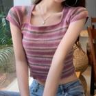 Short-sleeve Square Neck Striped Knit Top