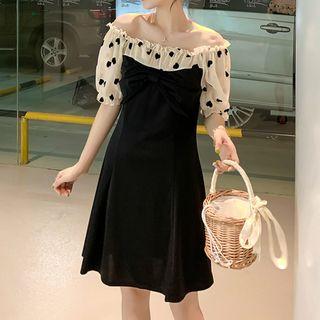 Heart Print Chiffon Panel Puff-sleeve Mini A-line Dress