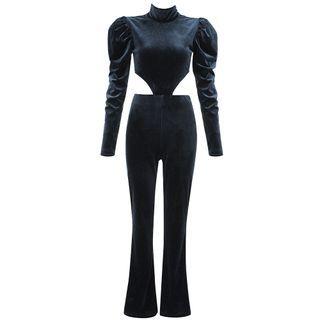Long-sleeve Cutout Velvet Jumpsuit
