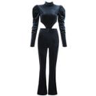 Long-sleeve Cutout Velvet Jumpsuit