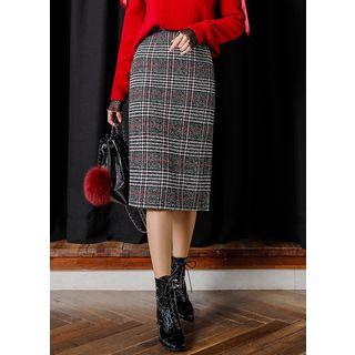 Slit-detail Plaid Midi Skirt