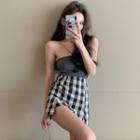 One-strap Camisole Top / Plaid High-waist Mini Skirt