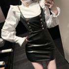 Lantern-sleeve Blouse / Faux Leather Mini Sheath Overall Dress