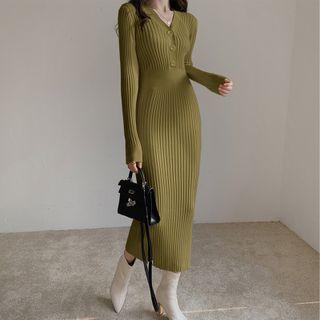 Long-sleeve V-neck Knit Midi Sheath Henley Dress