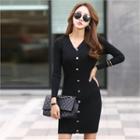 V-neck Button-trim Knit Dress Black - One Size