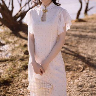 Cap-sleeve Printed Midi Shift Dress / Lace Cape