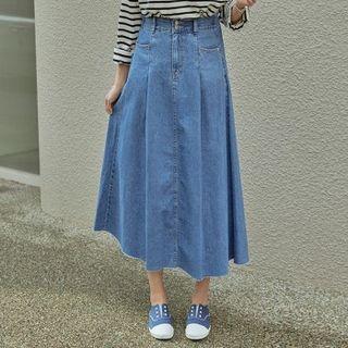 Band-waist Pintuck-front Denim Skirt