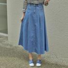 Band-waist Pintuck-front Denim Skirt