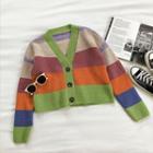Color-block Striped Long-sleeve Knit Cardigan Green - One Size