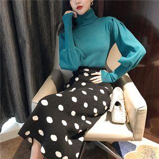 Balloon-sleeve Turtleneck Sweater / Polka Dot Midi Knit Skirt