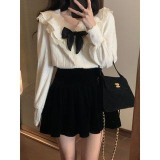Bow Blouse / Fluffy Jacket / Mini A-line Skirt