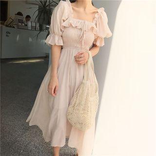 Square-neck Ruffle Trim Short-sleeve Midi Dress