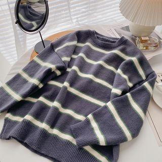 Long-sleeve Color Block Striped Sweater Dark Gray - One Size
