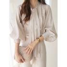 Tie-neck Bishop-sleeve Metallic Blouse Light Beige - One Size