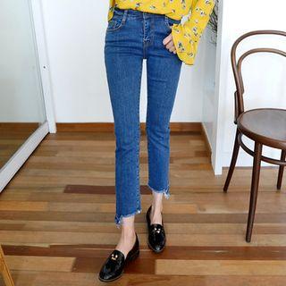 Asymmetric Fray-hem Straight-cut Jeans