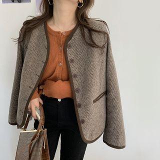 Contrast Trim Tweed Cardigan / Turtleneck Knit Top