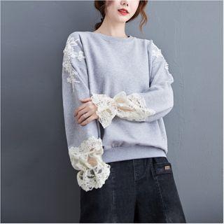 Lace Panel Pullover Light Gray - One Size