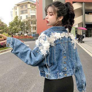 Single-breasted Long-sleeve Lace Panel Denim Jacket Blue - One Size