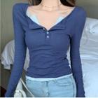 Mock Two-piece Long-sleeve Half-button T-shirt