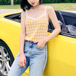 Spaghetti-strap Check Knit Top