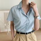 Short-sleeve Plain Cotton Shirt Sky Blue - One Size