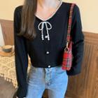 Beaded Bow Accent V-neck Long Sleeve Top