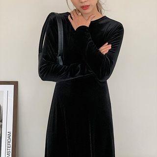 Long-sleeve Open Back Midi A-line Dress Black - One Size