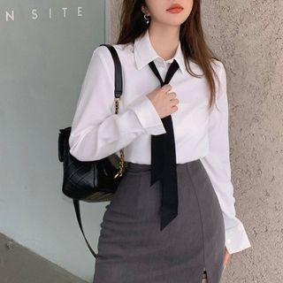 Long-sleeve Plain Shirt / Mini Pencil Skirt
