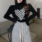 Turtleneck Checkerboard Heart Print T-shirt