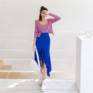 Frill-hem Band-waist Long Skirt