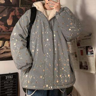 Reflective Print Fleece-lined Zip-up Hooded Jacket