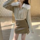 Faux Fur Collar Cardigan / Mini Pencil Skirt