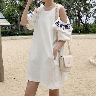 Elbow-sleeve Lettering Cold-shoulder T-shirt Dress