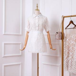 Set: Elbow-sleeve Feathered Shirt + A-line Mini Skirt