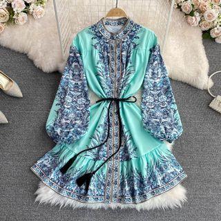 Stand Collar Printed A-line Dress With Tassel String