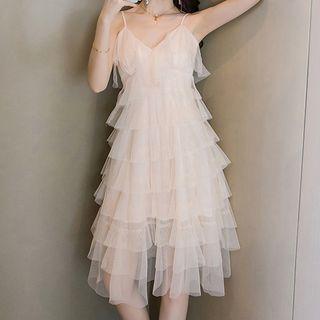 Spaghetti-strap Tiered Mesh Cocktail Dress