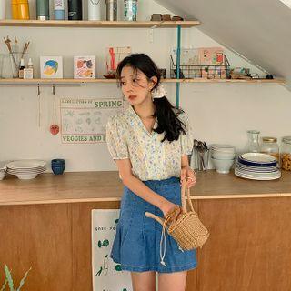 Shawl-collar Floral Blouse