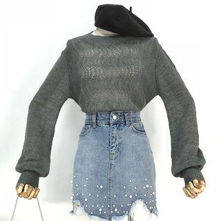 Crew-neck Long-sleeve Knit Top Gray - One Size