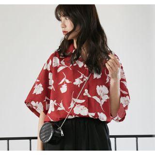 Short-sleeve Floral Print Shirt Red - One Size