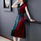 Cap-sleeve V-neck Two-tone Midi A-line Dress