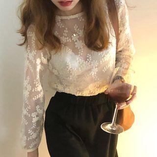 Long-sleeve Floral Lace Top White - One Size