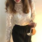 Long-sleeve Floral Lace Top White - One Size
